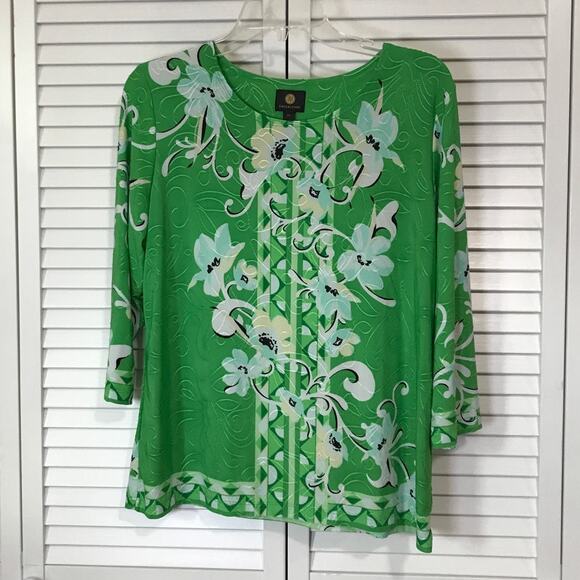 JM Collection Tops - JM Collection Green Floral Textured Round Neck ¾ Sleeve Women Blouse PL